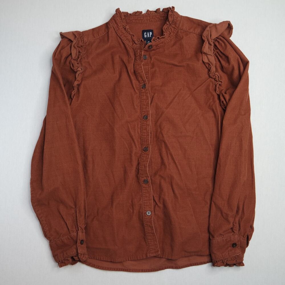 GAP Ruffle Collar Blouse Cottagecore Brown Button Front Boho Prairie Top Cotton
